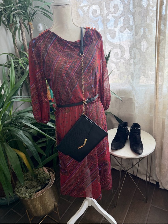 Vintage Dresses & Skirts - Vintage 70s sheer boho paisley dress with button detail cinched three quarter